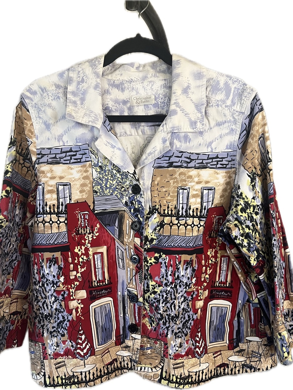 Christopher & Banks Yentacore Scenic Red, Tan & Blue Print Jacket